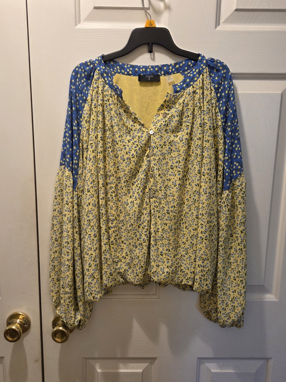 Tahari Yellow and Blue Floral Button-Front Peasant Blouse